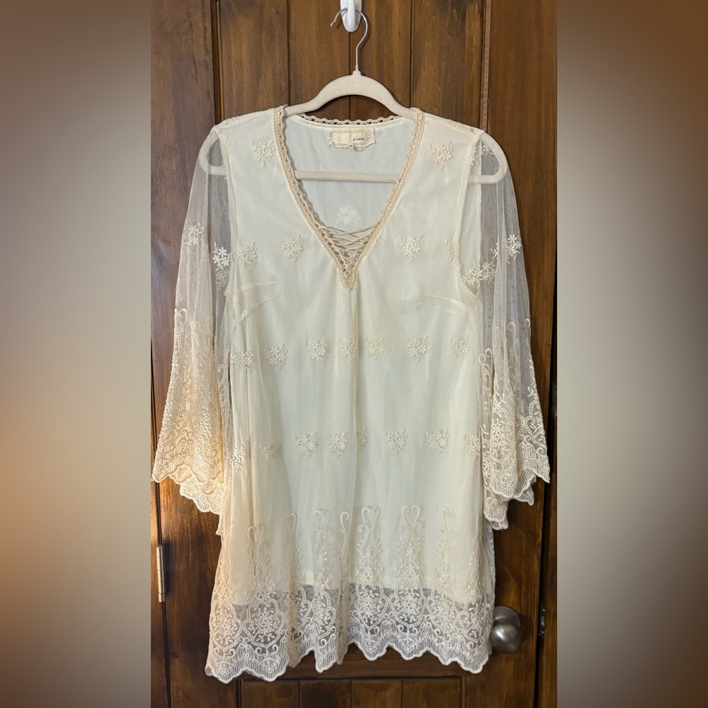 A'Reve Cream Lace Blouse with Sheer Sleeves